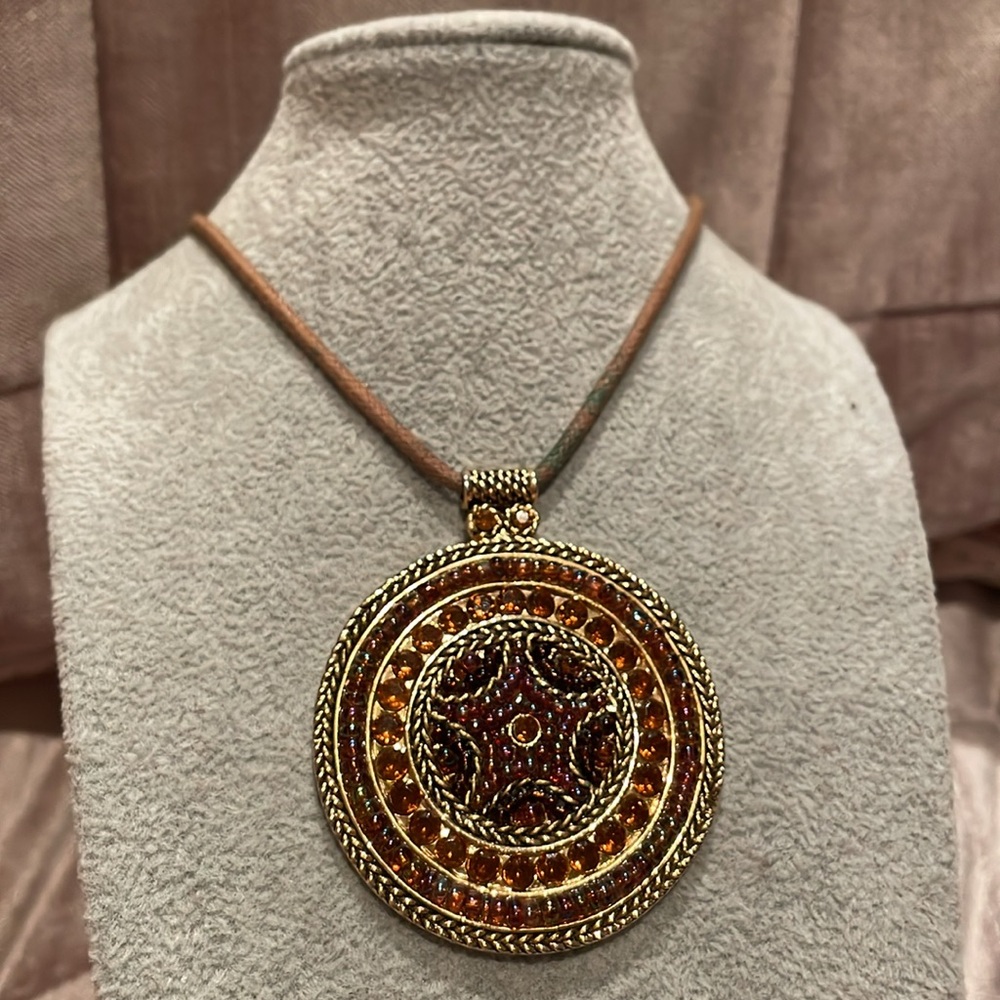 Beaded Rhinestone Disc Pendant Corded Necklace 14”